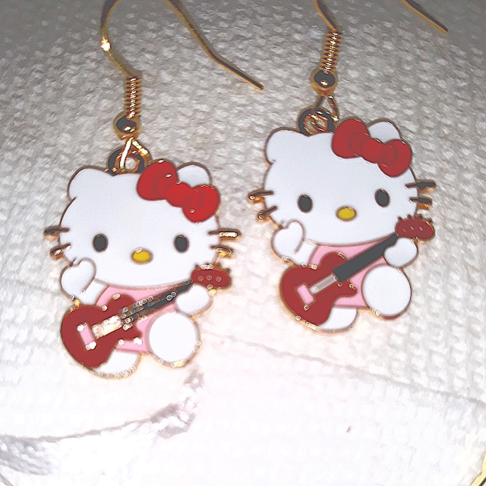 HELLO KITTY Guitar Dangle Earrings Enamel  Sanrio Kawaii Cute Japanese NEW NWT